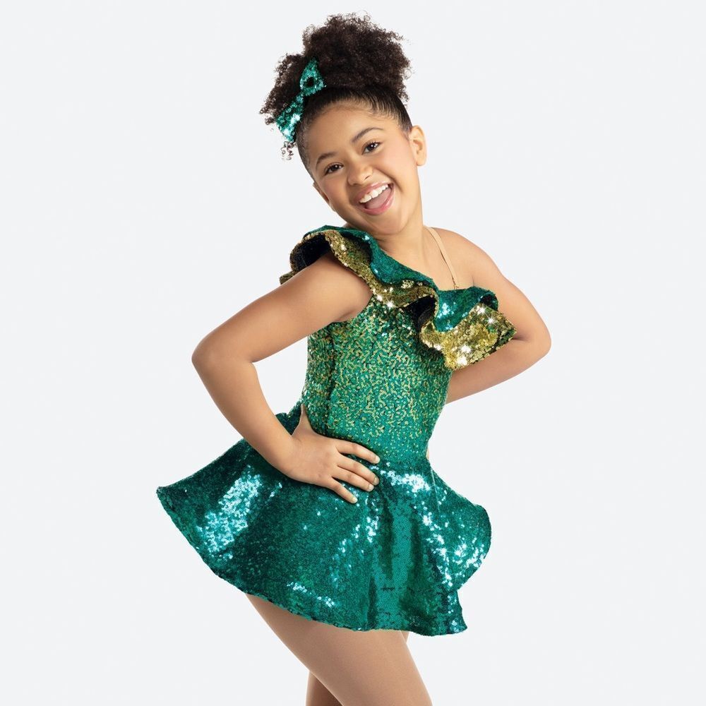 HEART AND SOUL Revolution Dance Costume Size XSC Green Sequin Flounce Skirt